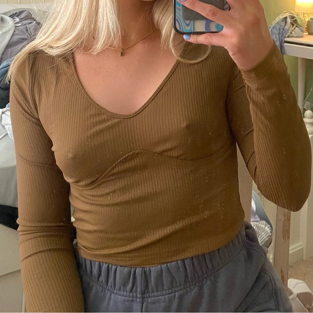 shein brown ribbed longsleeve top